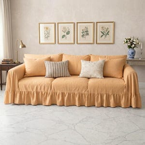 Linen Sofa Cover -Handmade Organic Ruffle Couch Throw - Living Room Slipcover Custom Size Bedspread