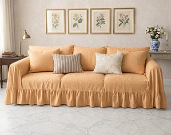 Linen Sofa Cover -Handmade Organic Ruffle Couch Throw - Living Room Slipcover Custom Size Bedspread