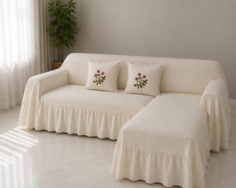 Sectional Handmade Organic Off-White Linen Ruffle Sofa SlipCover – L-Shape Chaise Lounge Section Couch Throw