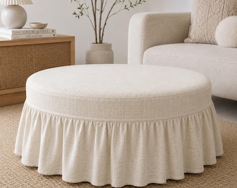 Handmade Linen Round Ottoman Cover Off White Ruffle Pouf Slipcover Square Rectangular Ottomans Throw