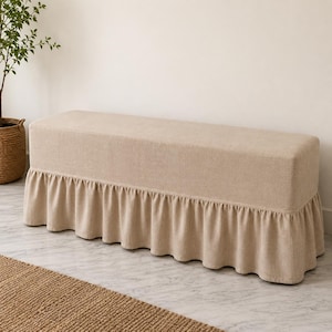 Natural Linen Bench Console Fitted Cover, Earthy Entryway Table SlipCover, Linen Tablecloth with Ruffles
