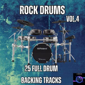 Puede incluir: Una batería electrónica completa con platillos, toms y bombo. La imagen presenta el texto "ROCK DRUMS VOL.4" y "25 FULL DRUM BACKING TRACKS" en blanco. La batería está sobre un fondo azul y turquesa.