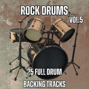 Puede incluir: Una batería con el texto "ROCK DRUMS VOL.5" y "25 FULL DRUM BACKING TRACKS". Las baterías son negras y doradas, con un aspecto texturizado. El fondo es marrón y beige moteado.