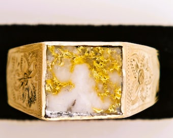 Vintage 10K Gold-Siegelring mit floralem Muster und Quarzmotiv, Goldnugget, Goldrausch-Video