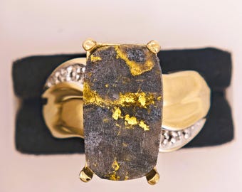 Anillo de diamantes de cuarzo en oro amarillo de 10 quilates y oro negro, pepita de oro, fiebre del oro (VIDEO)