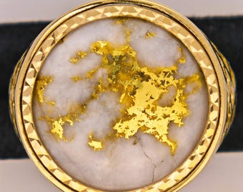 Anillo de cuarzo redondo de oro de 9 quilates 16:1, pepita de oro de grado gema, video de la fiebre del oro