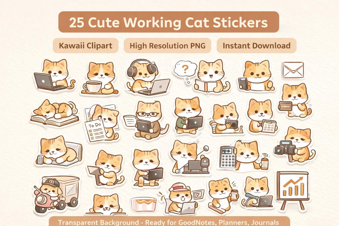 Kawaii Working Cat Stickers | Planner Clipart PNG Bundle (25) (digital ...