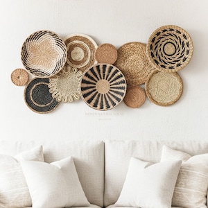 Large Woven Wall Art Set - Organic Modern Wall Decor - Seagrass Baskets for Living Room, Above Bed or Entryway - Japandi Style Rattan Art