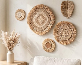 Large Raffia Wall Art Set of 5 - Artisan Woven Leaf Sculpture, Organic Modern Fringed Decor, Above Bed Statement Gallery, Boho Chic Sunburst