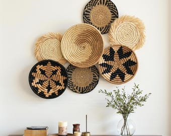 Set of 7 Woven Seagrass Wall Baskets - Black and White Wall Decor - Boho Hanging Plates - Graphic Modern Decor - Organic Modern Home Gift
