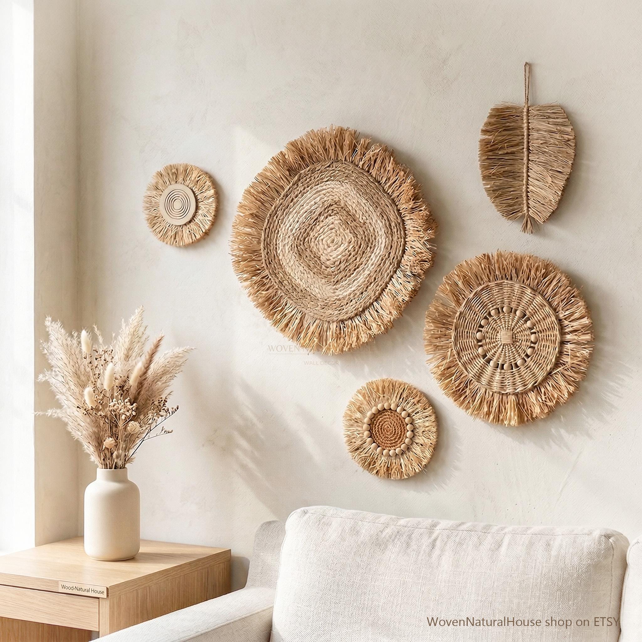 Large Raffia Wall Art Set of 5 - Artisan Woven Leaf Sculpture
