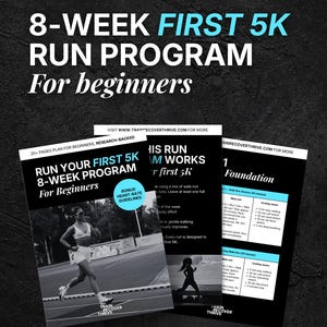 May include: A black and white graphic promoting a beginner's 8-week 5K run program. The text reads "8-WEEK FIRST 5K RUN PROGRAM For beginners." Includes a bonus heart-rate guidelines. The program is research-backed.