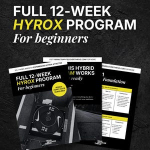 May include: A promotional image for a 12-week HYROX program for beginners. The image features several pages with text and graphics, including a weight plate with the Nike logo. The text includes "TRAIN RECOVER THRIVE".