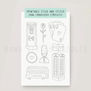 May include: Printable stick and stitch hand embroidery templates featuring British icons. Includes a postbox, rose, playing cards, a heart, a guard, a telephone box, a London bus, and a Union Jack flag. All designs are in black and white.