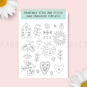 Peut inclure: Une feuille blanche présentant des motifs au trait noir pour la broderie à la main, intitulée PRINTABLE STICK AND STITCH HAND EMBROIDERY TEMPLATES. Les illustrations incluent une maison, des fleurs, un papillon, un soleil, un oiseau et des cœurs.