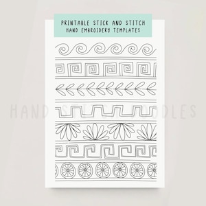 Könnte beinhalten: Ein weißes Blatt mit schwarzen Stickvorlagen. Oben befindet sich ein hellblaues Rechteck mit dem Text "PRINTABLE STICK AND STITCH HAND EMBROIDERY TEMPLATES". Die Designs umfassen Wellen, geometrische Formen und florale Muster.