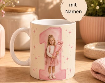 Personalisierte Tasse zur Einschulung mit Mädchen Druck und Namen, endlich Schulkind, blond oder brünett, Schultüte, du bist 1. Klasse