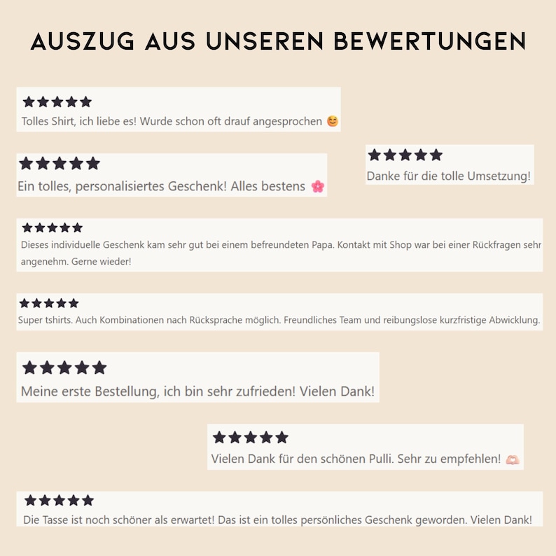 Puede incluir: Una pantalla gr&aacute;fica titulada AUSZUG AUS UNSEREN BEWERTUNGEN que presenta siete rese&ntilde;as de clientes de cinco estrellas escritas en alem&aacute;n. El texto incluye varios comentarios positivos sobre regalos personalizados, camisetas y tazas, acompa&ntilde;ados de peque&ntilde;os emojis como una cara sonriente, una flor y un l&aacute;piz labial.