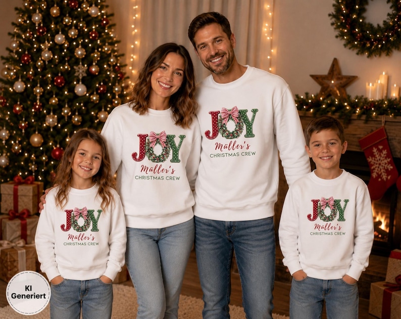 May include: Matching white crewneck sweatshirts featuring a graphic of a Christmas wreath forming the letter O in the word JOY, with a red and white gingham bow on top and the text M&auml;ller's CHRISTMAS CREW printed in red and black lettering.