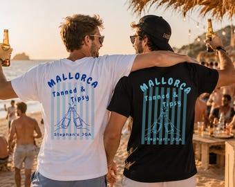 Camicia JGA Maiorca Herren personalisiert, Camicia abbronzata e alticcia, Männer JGA Maiorca, Camicia addio al celibato Urlaub