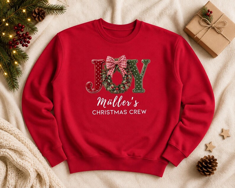 May include: A red crewneck sweatshirt featuring the word JOY in large letters, with the letter O replaced by a green Christmas wreath adorned with a red and white checkered bow. Below the graphic, the text reads M&uuml;ller's CHRISTMAS CREW.