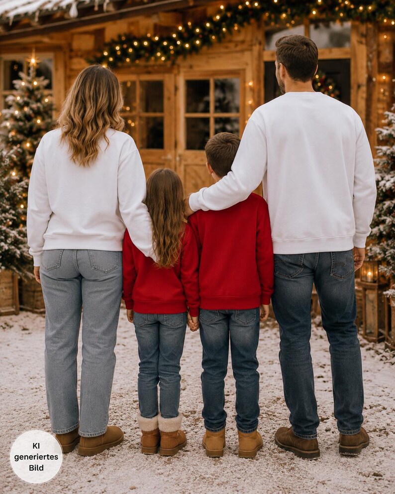 May include: Two adults and two children standing in a row, viewed from behind. The adults wear plain white crewneck sweatshirts and blue denim jeans. The two children wear plain red crewneck sweatshirts and blue denim jeans. All wear tan boots.