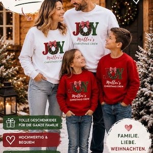 May include: Matching white and red crewneck sweatshirts featuring a graphic of a wreath forming the letter O in the word JOY, with the text M&uuml;ller's CHRISTMAS CREW printed below. The garments are worn by a group of four people in a snowy setting.