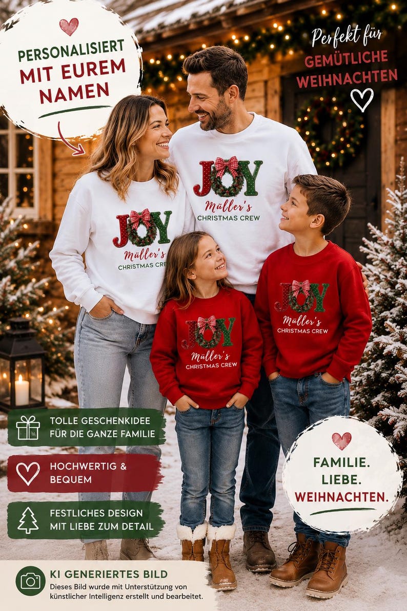May include: Matching white and red crewneck sweatshirts featuring a graphic of a wreath forming the letter O in the word JOY, with the text M&uuml;ller's CHRISTMAS CREW printed below. The garments are worn by a group of four people in a snowy setting.