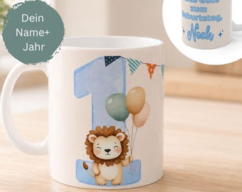 Personalisierte Tasse zum Geburtstag mit Namen und Jahr,  Geburtstagsgeschenk Junge, Löwe Tasse Baby | Geburtstagsgeschenk Kleinkind
