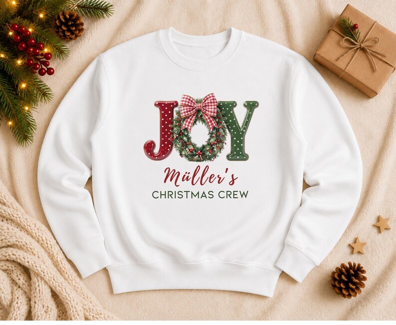 May include: A white long-sleeve sweatshirt featuring the word JOY in large letters, where the O is replaced by a green Christmas wreath with a red and white gingham bow. Below, the text reads M&uuml;ller's CHRISTMAS CREW in red and dark green.
