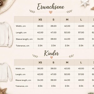 May include: A size chart for sweatshirts featuring two tables labeled Erwachsene and Kinder. Each table lists width, length, sleeve length, and tolerance in centimeters for sizes XS through XL. Two beige crewneck sweatshirts are shown on the left.