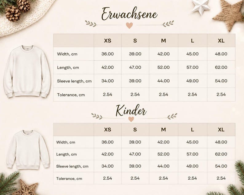 May include: A size chart for sweatshirts featuring two tables labeled Erwachsene and Kinder. Each table lists width, length, sleeve length, and tolerance in centimeters for sizes XS through XL. Two beige crewneck sweatshirts are shown on the left.