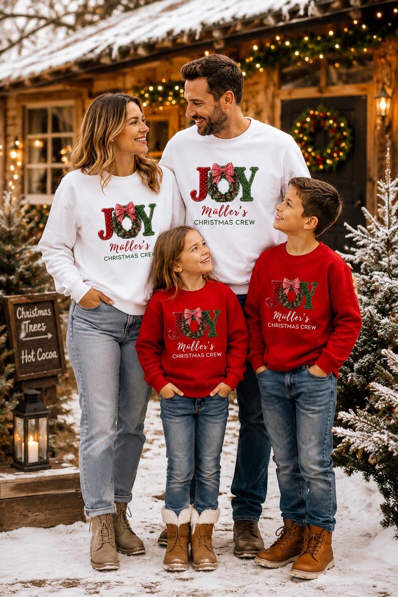 May include: White and red crewneck sweatshirts featuring the text JOY with a wreath replacing the letter O, a red and white checkered bow, and the custom text M&uuml;ller's CHRISTMAS CREW printed in a script and sans-serif font on the front.