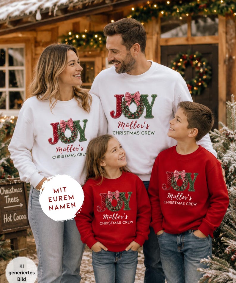 May include: Matching white and red crewneck sweatshirts featuring the text JOY with a wreath replacing the letter O, a red and white checkered bow, and the custom text M&uuml;ller's CHRISTMAS CREW printed in a dark green and red festive font style.