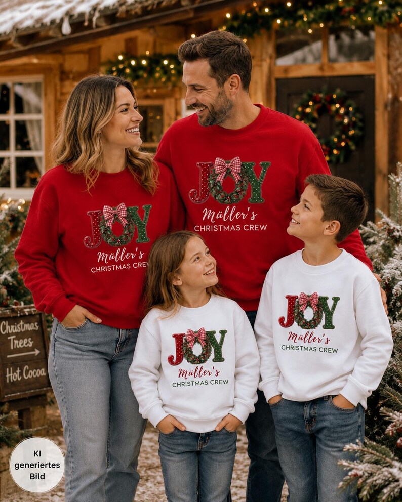 May include: Matching red and white crewneck sweatshirts featuring the text JOY with a wreath replacing the letter O, a red and white checkered bow, and the custom text M&uuml;ller's CHRISTMAS CREW printed in a dark red font on the front of each garment.