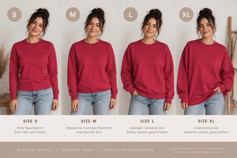 Puede incluir: Una sudadera de cuello redondo en color rosa oscuro s&oacute;lido mostrada en cuatro tallas, de la S a la XL. Las etiquetas indican las variaciones de talla, con descripciones en alem&aacute;n que explican el ajuste, de entallado a holgado.