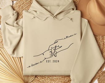 Gepersonaliseerde mama hoodie, aangepast babynaamshirt, mama est jaarcadeau, minimalistische moeder en kind lijntekeningen sweatshirt, cadeau voor kersverse moeders