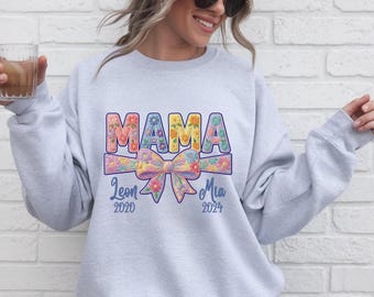 Personalized Mama Sweatshirt | Custom Kids Names Sweater | Floral Bow Mom Crewneck | Gift for Mom | 1-3 Kids