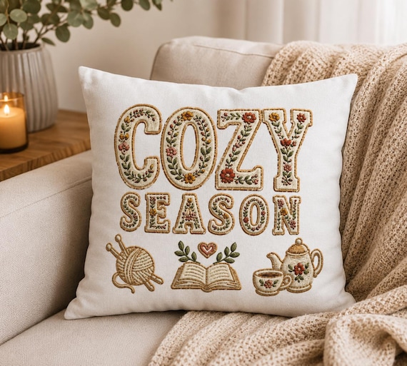 Cozy Season Kissenhülle | Dekokissen für Leseecke | Geschenk für Leser & Strickliebhaber | Herbst Deko | Weihnachtsgeschenk