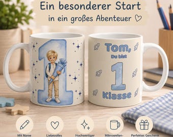 Personalisierte Tasse zur Einschulung mit Jungen Druck und Namen, endlich Schulkind, blond oder brünett, Schultüte, du bist 1. Klasse