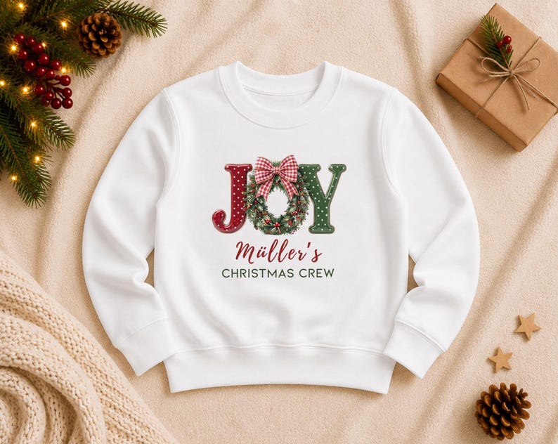 May include: A white long-sleeve sweatshirt featuring the word JOY with a Christmas wreath replacing the letter O. The wreath has a red and white checkered bow. Below the graphic, the text reads M&uuml;ller's CHRISTMAS CREW in red and dark green.
