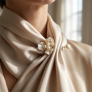 Könnte beinhalten: Eine blumenförmige Brosche mit drei weißen, schimmernden Blütenblättern, die eine Ansammlung kleiner, runder, cremefarbener Perlen und winziger klarer Kristalle umgeben. Die Brosche wird mit einer Nadel befestigt, die eine Perle am Ende hat.