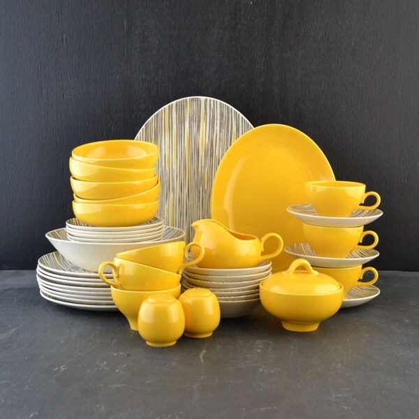 RESERVED for J - Mid Century Dinnerware - Homer Laughlin - Vintage Dishes - Yellow and Gray - Rhythm Duraprint Pattern - Set of 44