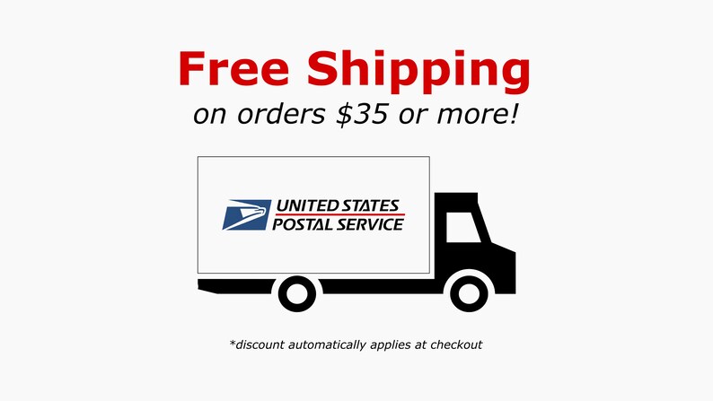 May include: Free shipping on orders of $35 or more. A black delivery truck with the United States Postal Service logo on the side.