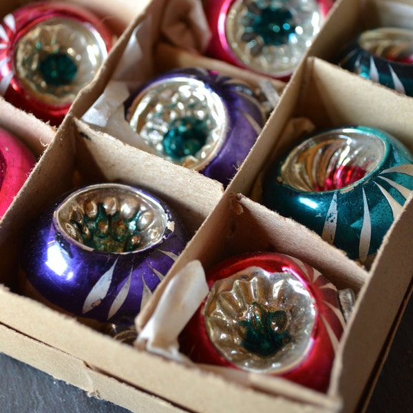 Set of 8 Vintage Round Indent Glass Ornaments