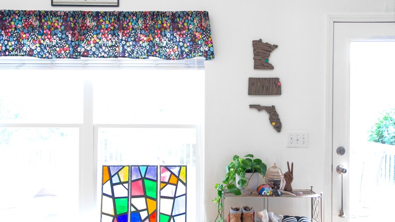 May include: A white wall with three wooden state outlines, Minnesota, Florida, and an unknown state, with colorful push pins. A stained glass window panel is on the left, and a plant is on a metal shelf on the right.