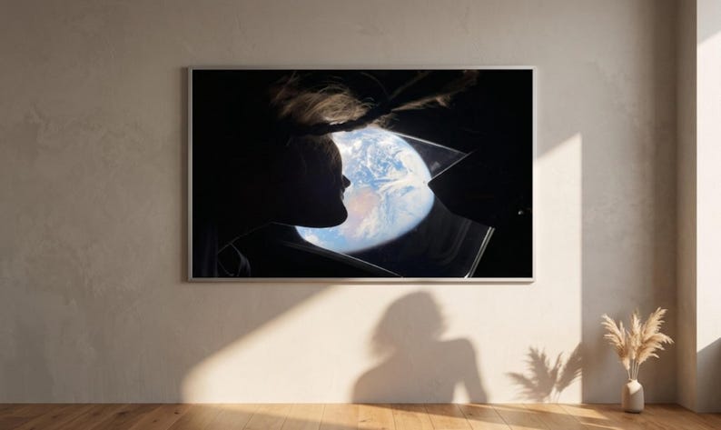 May include: Framed artwork depicting a silhouette of a person looking out a window at Earth from space. The Earth is visible through the window, showcasing blue oceans and swirling white clouds. The artwork is mounted on a beige wall.