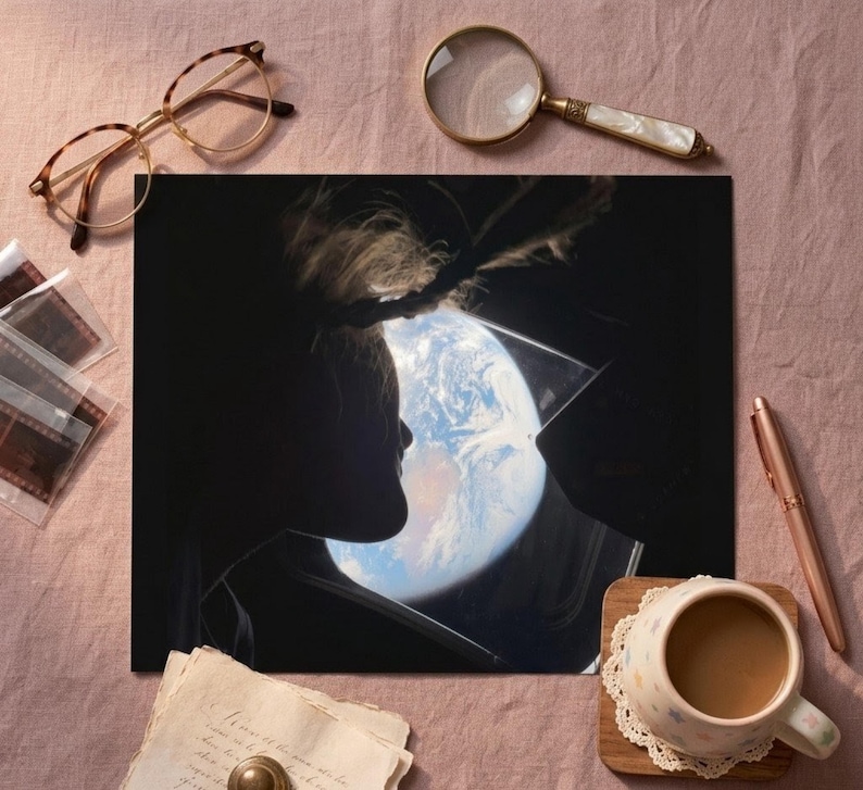 May include: A print of a person's silhouette looking at Earth from a window. The image is surrounded by a pair of glasses, a magnifying glass, a pen, a cup of coffee, film negatives, and a piece of paper.