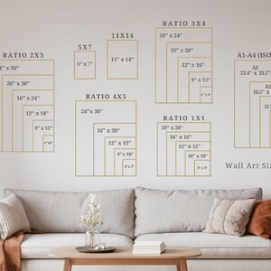 May include: Wall art size guide with various rectangular frame sizes in inches, including 24x36, 20x30, 16x24, 12x18, 8x12, 4x6, 11x14, 5x7, 18x24, 15x20, 12x16, 9x12, 6x8, 24x30, 16x20, 12x15, 8x10, 20x20, 16x16, 12x12, 10x10, 8x8, and A1-A4 sizes.