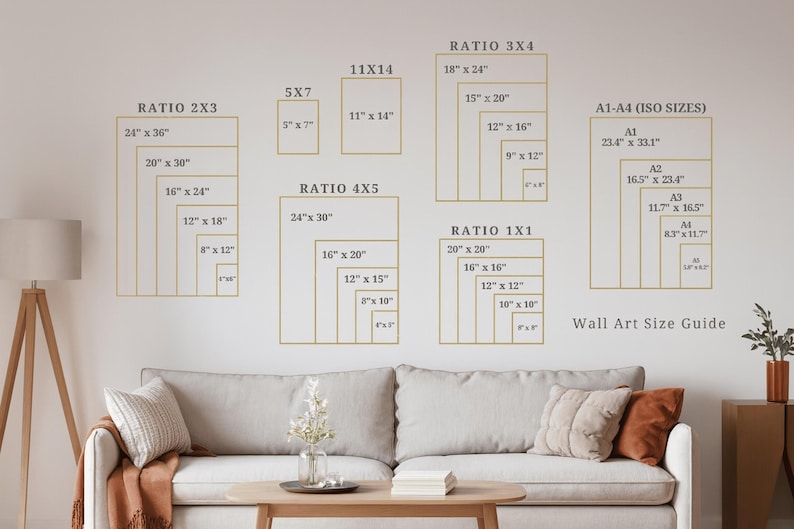 May include: Wall art size guide with various rectangular frame sizes in inches, including 24x36, 20x30, 16x24, 12x18, 8x12, 4x6, 11x14, 5x7, 18x24, 15x20, 12x16, 9x12, 6x8, 24x30, 16x20, 12x15, 8x10, 20x20, 16x16, 12x12, 10x10, 8x8, and A1-A4 sizes.
